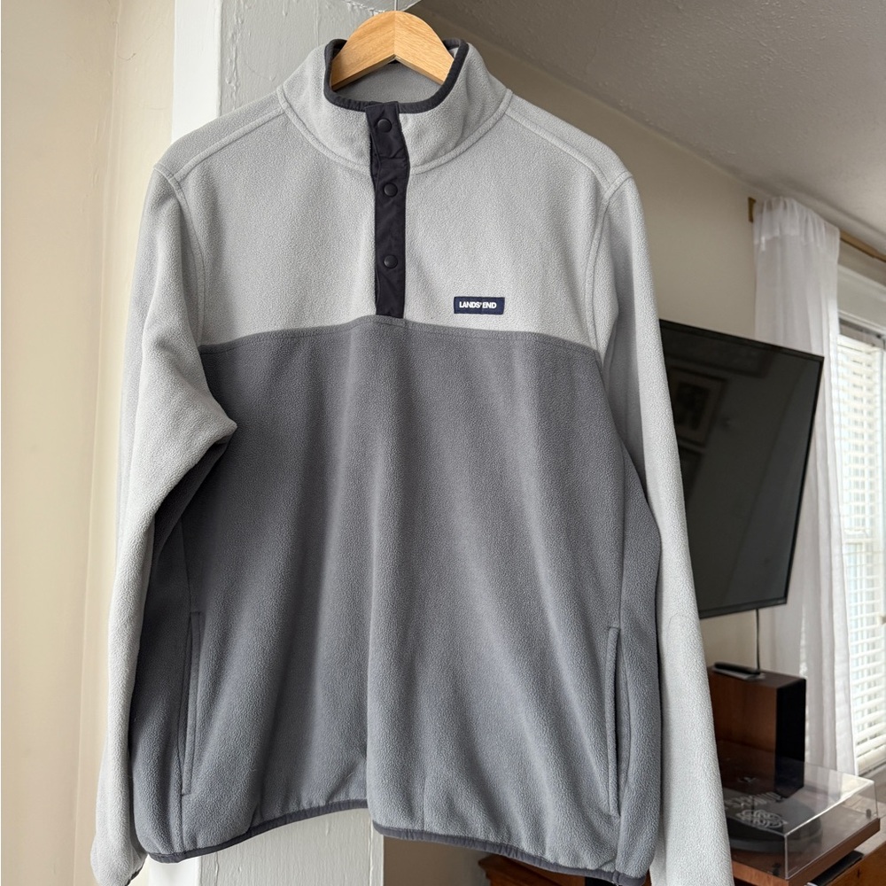 Lands’ End Gray Fleece Pullover Snap Neck Size L 42-44 Unisex Cozy